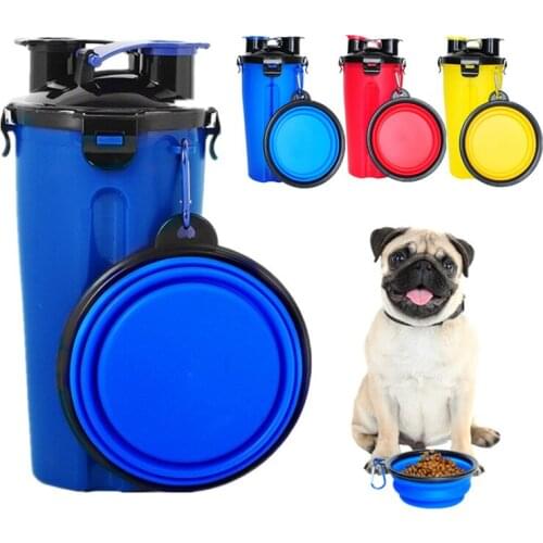 2 In 1 Pet Dog Food Water Bottle with Folding Bowl Portable Cat Dog Food Storage Water Container for Pet Travel Drinking Feeding