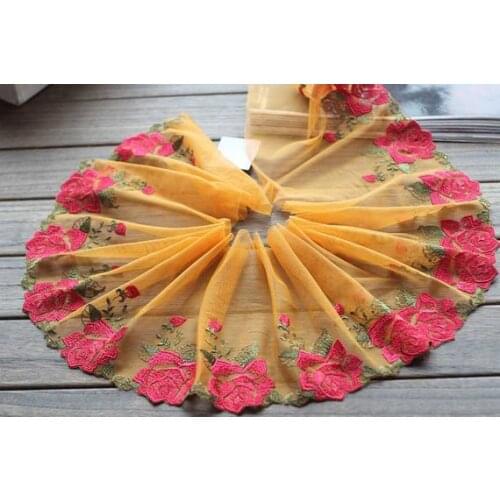 2 Yards Embroidered Lace Trim Orange Tulle Lace Trim Red Floral Embroidered Lace 7.28 Inches Wide