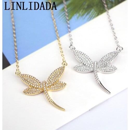 5Pcs New style CZ Dragonfly Necklace Fashion Crystal Zirconia Insect Shaped White CZ Crystal Necklace Women Gift