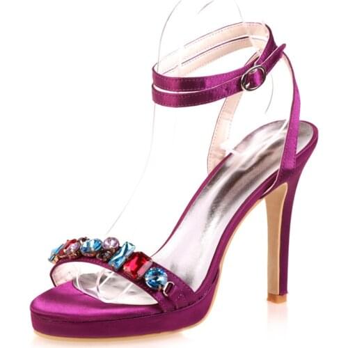 High Heels Satin Wedding Sandals Shoes Open Toe Ankle Buckle Strap Heeled Rhinestones Formal Party Summer Ladies Sandals