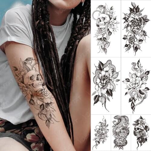 Black Waterproof Temporary Sleeve Tatooo Stickers Snake Wolf Flower Skeleton Sunshine Dog Fake Tattoo Body Art Tatoo Male Women
