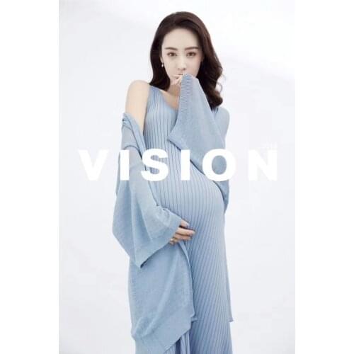 Dvotinst Women Photography Props Knit Blue Leisure Maternity Dresses Suspender Dress Coat Studio Photoshoot Photo Clothes Props