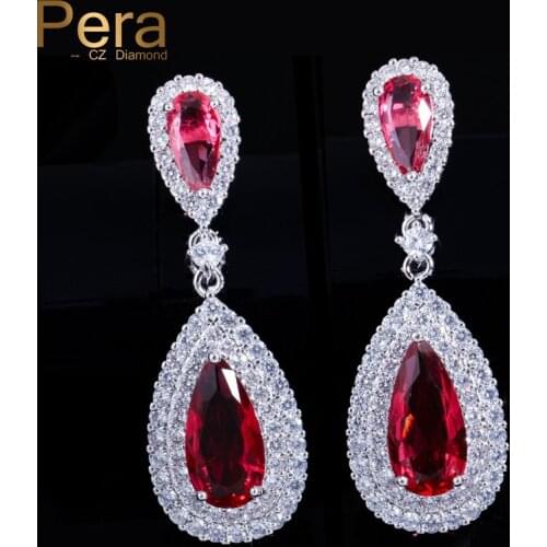 Pera High Quality Red CZ Crystal Setting Classic Long Big Dangle Water Drop Earrings for Banquet Party Women Brand Jewelry E071