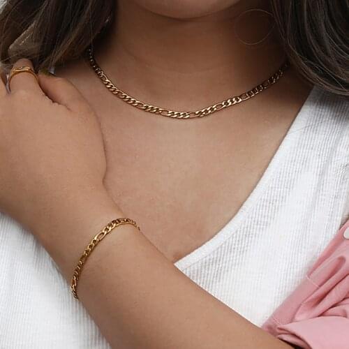 Minimalist 4mm Figaro Chain Necklace Bracelet Jewelry Set Stainless Steel 18K Gold Plated Minimalist Gold Choker Bangles Anklets