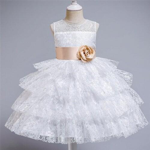 Little Girls Summer Sleeveless Dress Sweet Solid Color Hollow Lace Flower High Waist A-line Princess Party Dress 3-8Years
