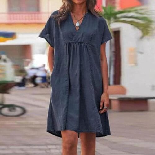 Summer short sleeve mini dress Womens Casual loose beach dress Comfortable High Waist V-Neck Solid Color Short Sleeve Dress