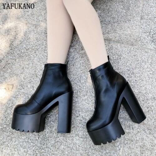 14 Cm Fashion Black Thick Heel Short Boots Spring Autumn Soft Leather Platform Boots Womens Dress Party Ankle Boots High Heels
