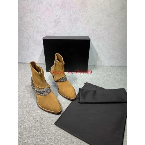 Man Fashion Brown Suede Leather Rock Roll Punk Western Chain Boots Pointed Toe Side Zip Multiple Chains Studs Leather Sole Shoes