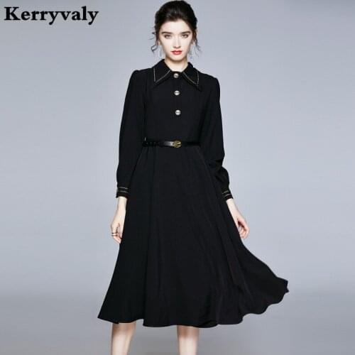Autumn Long-Sleeved Shirt Small Black Dress Women Slim Work Office Retro Ladies Dresses Belt Included Kleider Damen K8642
