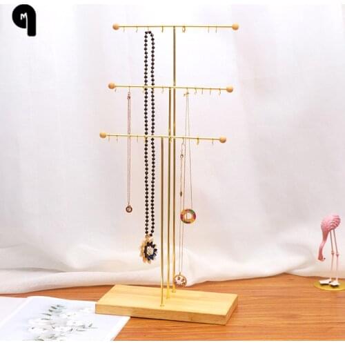 QM Trigem Hanging Jewelry Organizer Tiered Tabletop Countertop Free Standing Necklace Holder Display, 30 Hooks, Brass/Wood