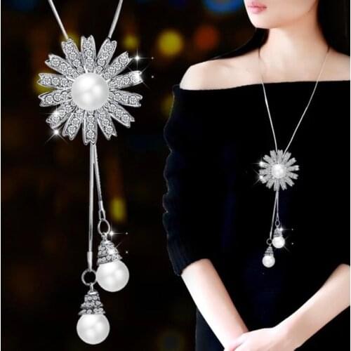 Romantic Imitation Pearls Necklace Silver Color Sunflower Pendant Women Daisy Necklace Girls Fashion Jewelry