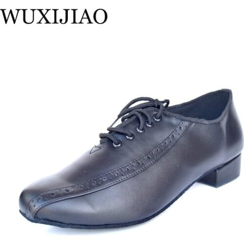WUXIJIAO Real Leather Mens Modern Dance Shoes Ballroom dancing shoes Big size 48 Tango Party Wedding Square dance shoes