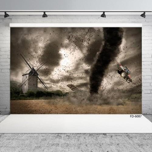 Tornado Destroy Car Windmill Photo Backdrop Custom Vinyl Photography Backgrounds for Children Baby Portrait Photobooth Props