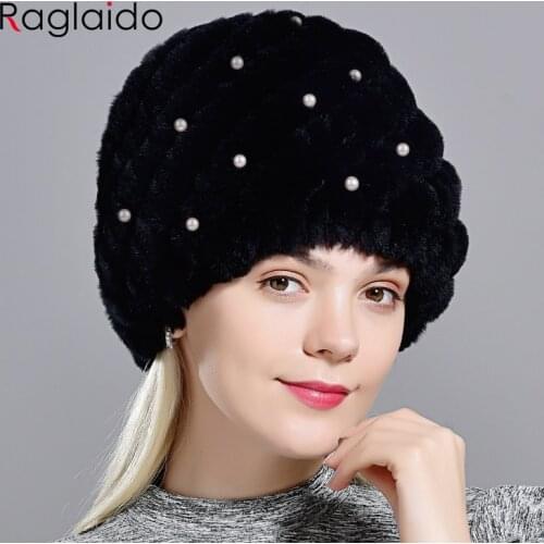 Rabbit Fur Hat Women New Pearl Russian Real Fur Knitted Cap Unique Design Hat Fashion Brand Skulls Winter Beanie