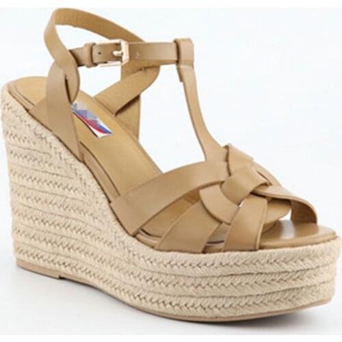 QZYERAI Summer New Wedges Sandals Women Genuine Leather Open Toe High Heels Shoes Buckle Platform Women Footwear Size 34-41