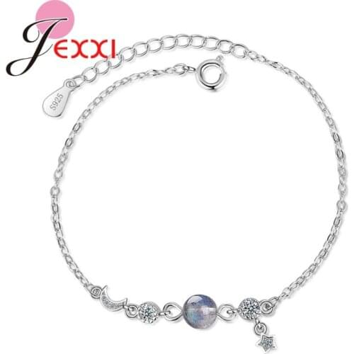 Fashion 925 Sterling Silver Shiny Cubic Zircon Moon Star Link Chain Statement Charm Hand Bracelets For Girl Women Gifts Jewelry