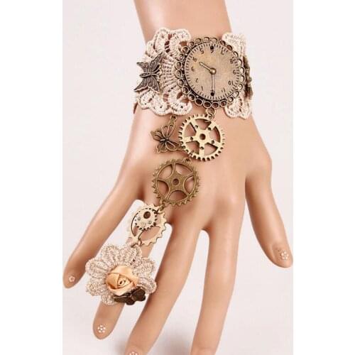 Good Design Large Clock Shape Metal and Gears Combo Women`s Steampunk Lace Bracelet