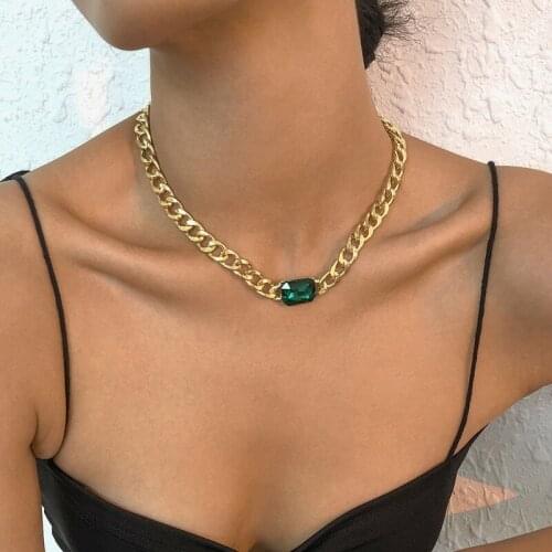New Womens Crystal Necklace 2021 Green Choker Statement Necklace for Lady Gold Silver Link Chain Accessories Party Bijoux Colar