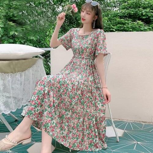 Fashion square-neck Floral Print Elastic Waist Women summer Dress Vintage printing short Sleeve A-line dress Female Long Dresses