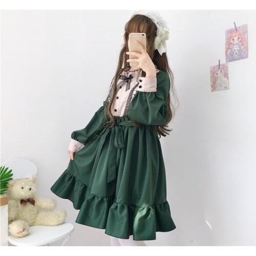 Vintage Style Womens Lolita OP Dress Long Sleeve Dress Cute Flouncing Ruffles&Bows Trim Patchwork Dress One Piece Autumn