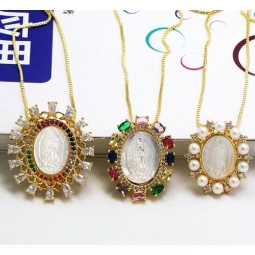 1pc Natural Virgin of Guadalupe Mother Pearl shell Necklace Guadalupe Mother Pearl Cubic Zirconia or Shell Necklace for Gift