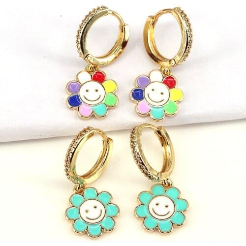 5Pairs, Rainbow Enamel Smiley Face Earrings Fashion Neon Color Sunflower Hoop Earrings For Women Vintage Charms Jewelry