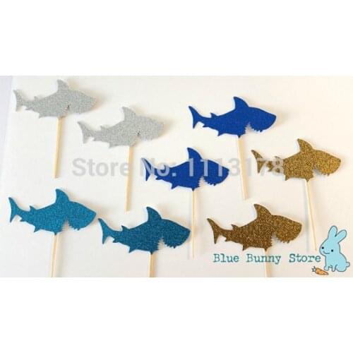 Sharks Ocean Fish Glitter Cupcake Toppers Boy Birthday Food Picks Wedding Bridal Engagement Party Birthday