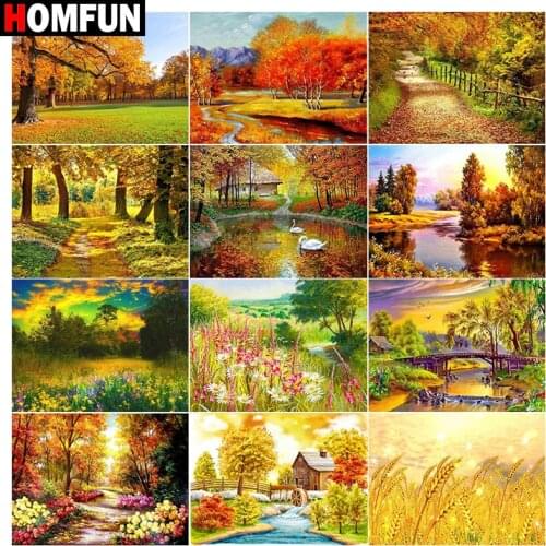 HOMFUN Diy 5d Diamond Painting "Forest lake bridge autumn " Cross Stitch Square Round Diamond Embroidery Handwork Rhinestone Art