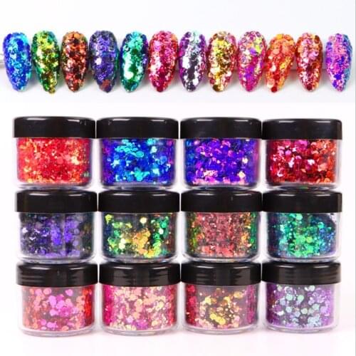 12color Colorful Nail Mermaid Glitter Flakes Sparkly Holographic Mix Laser Hexagon Sequins Polish Manicure Decoration