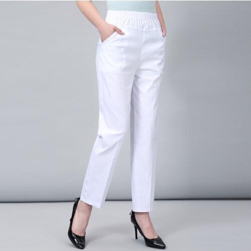 Middle Aged And Old Women Spring White Pants Thin Elastic Waist Straight Pants Mother Ankle-Length Trousers Plus Size 5XL W2102