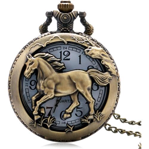 Retro Bronze Copper Horse Hollow Quartz Pocket Watch FOB Hour Clock 12 Zodiac Chain Pendant Birthday Souvenir Gift for Men Women