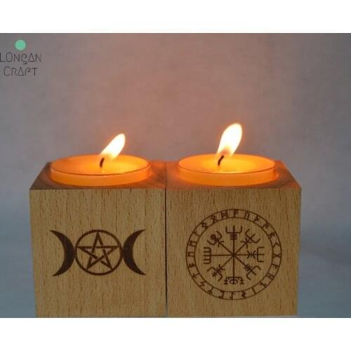 Longan Craft Wood Candle Holders Wooden Candlestick with Triple Moon Viking Compass Ritual Light Holders Witchcraft Supplies