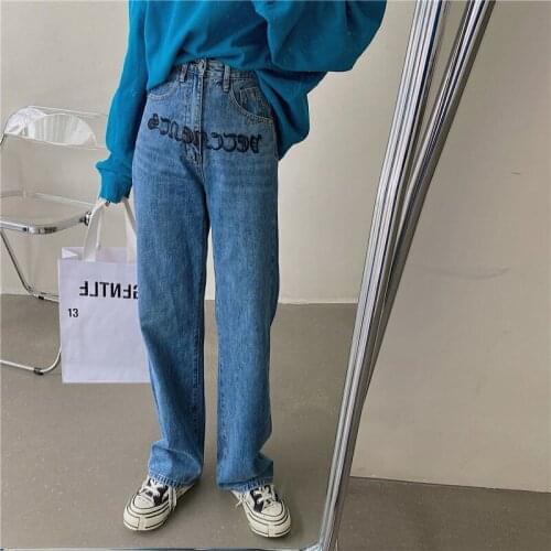 Embroidery Jeans Women Wide-leg Full Length High Waist Button Vintage Streetwear Korean Style Ulzzang Chic All-match Lady Female