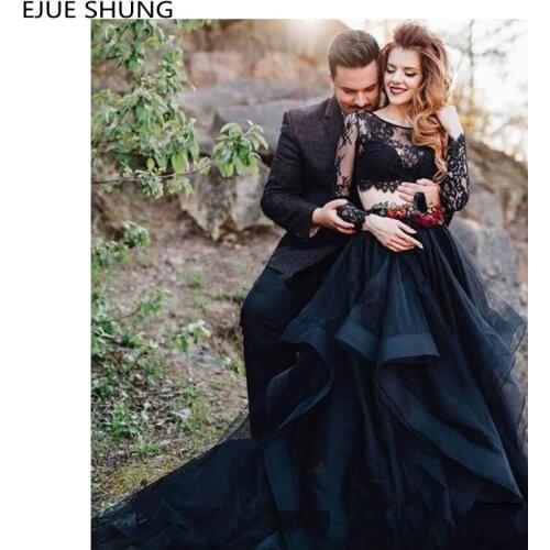 E JUE SHUNG Elegant Black Lace Wedding Dresses Scoop Neck Long Sleeves Two Pieces With Ruffles Bridal Dresses Vestido De Novia