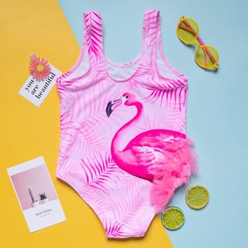 Baby Girls Swimsuits Flamingo Printed Rompers No-Sleeve Round Collar Sling Beach Clothes Summer Swimwear 2021 New
