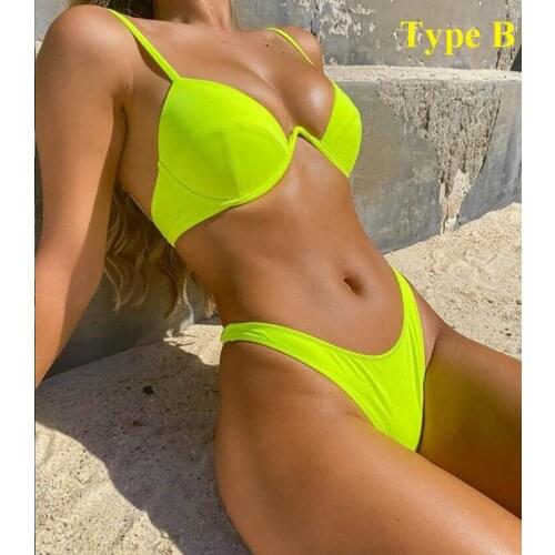 Two Piece Solid Color Push Up Swimwear Women 2Pcs Beach Swimsuit Adjustable Spaghetti Strap Underwire Bra Thong Bathing Suit