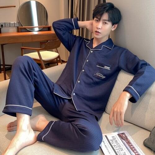 Royal Blue Mens Young and Middle-aged Mens Pajamas Are Warm In Autumn and Winter You Can Wear Cardigans and Trousers At Home