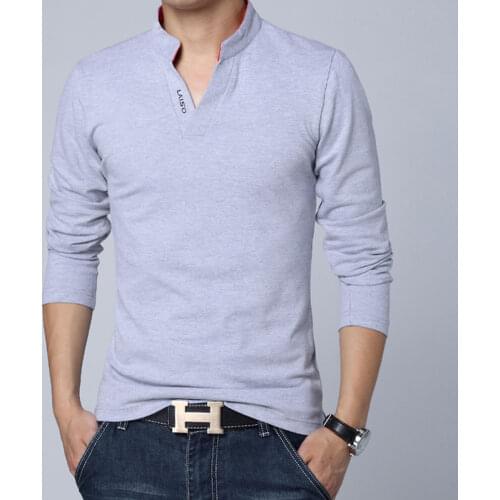 Mens Cotton T-shirts Long Sleeve V-neck T-shirt Print Youth Polo Shirt Mens Clothing Casual Tops Spring and Autumn