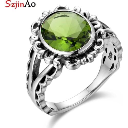 SzjinAo Handmade Flower Shape Men Fine Jewelry Solid 925 Sterling Silver August Birthstone Peridot Rings for Women Wholesale
