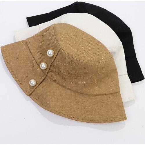 INS Pearl Design Cotton Solid Flat Top Bucket Hat For Woman Spring and Summer Fashion Fisherman Basin Cap Accessory Gorros