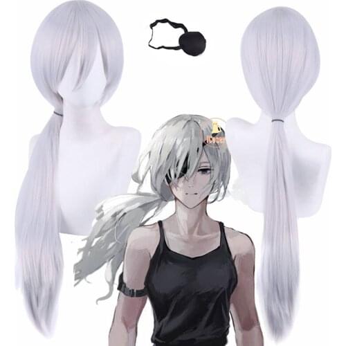 Anime Chainsaw Man Quanxi Cosplay Silver White Wig with Eye Patch Long PonytailHeat-resistant Fiber Hair Wig Cap Halloween Party