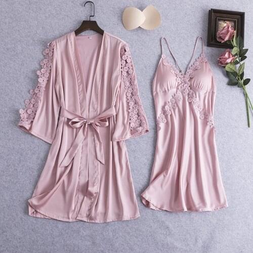 Sleepwear Set Women 2PC Nightshirts V-Neck Pajamas Spring Wear Home Suit Negligee Robe Gown Bathrobe Silky Nightdress Homewear