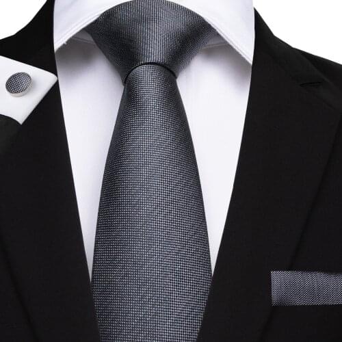 DiBanGu Luxury Gray Solid Mens Tie 100% Silk Necktie Business Wedding Tie Set 8cm Wide Tie Hanky Cufflinks Tie for Men MJ-7142