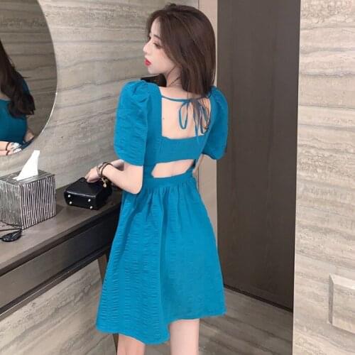 Sleeve closed female waist dress in the spring of 2021 the new pure color joker temperament the a-line
