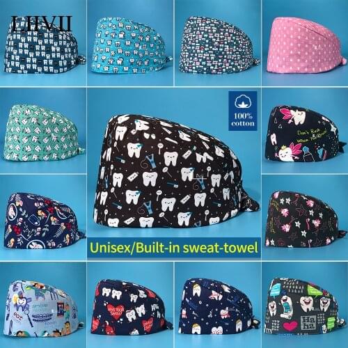 Fashion unisex Pet clinic cap high quality cartoon printing clinical scrub cap breathable work cap cotton nursing hat wholesale