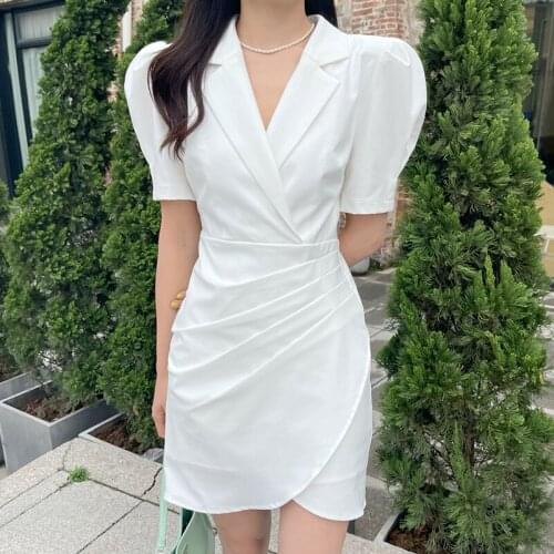 QOERLIN Chic OL Blazer Dress Ladies Mini Party Fashion Elegant Female One Dress Korean Short Sleeve Office White Dress 2021 New