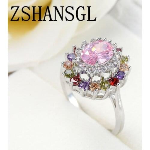 Unique flower Design Plata color Ring for Female Wedding with AAAAA Colorful Cubic Zircon Bijouterie Jewelry