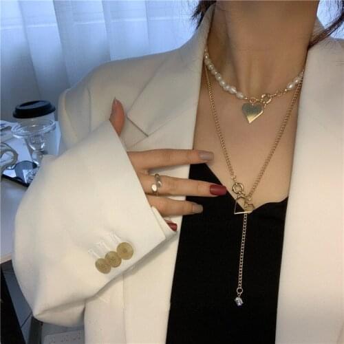 Punk Multi Layered Pearl Necklace Long Chain Collar Statement Heart Pendant Necklace for Women Fashion Jewelry Party Accessories