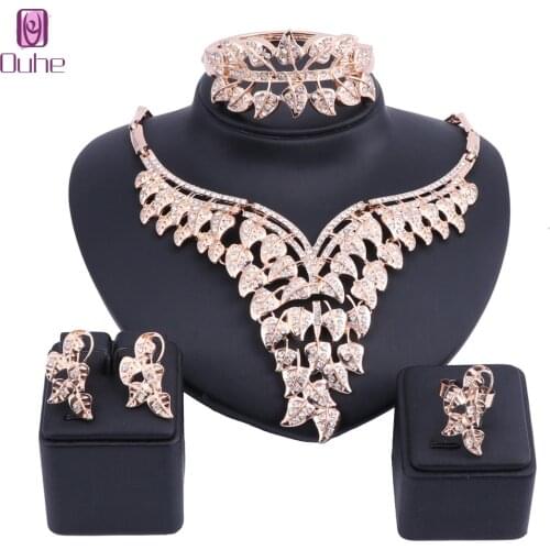 Dubai Gold Leaves Crystal Jewelry Nigerian Wedding Women Jewelry Set Fashion African Beads Jewelry Sets Wholesale Costume Design