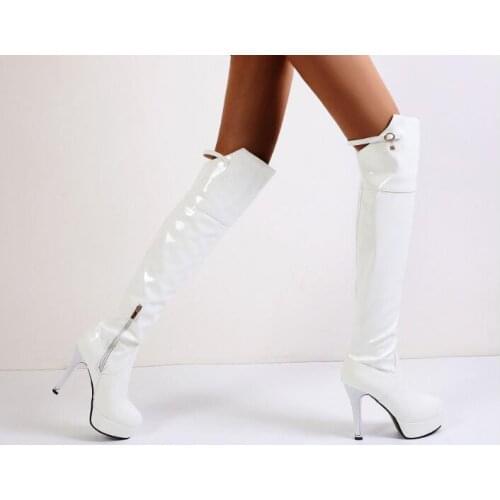 Hot Woman Fashion Black Burgundy White Patent Leather Over The Knee Boots Round Toe Platform Stiletto Heels Thigh Long Boots